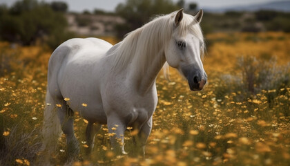 Horse grazing in meadow, nature beauty in rural landscape generated by AI