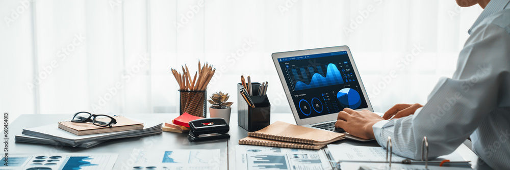 Poster business intelligence and data analysis concept. analyst working on financial data analysis dashboar