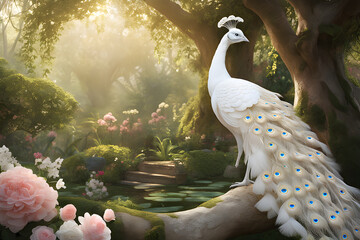 White peacock on a branch.