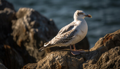 Obraz premium Seagull flying over the blue sea, nature beauty in focus generated by AI