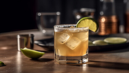 Refreshing cocktail with lime, lemon, and ice in drinking glass generated by AI