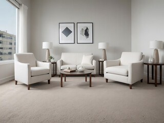 Fototapeta na wymiar Minimal living room interior design with white sofa and carpet, Mockup interior design concept