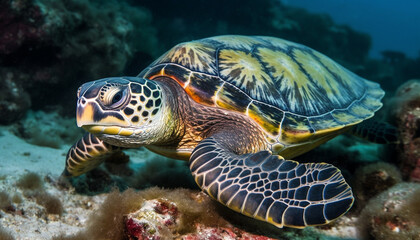 Fototapeta premium Underwater turtle swimming in blue sea, surrounded by colorful fish generated by AI