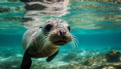 Cute sea lion swimming underwater, exploring tropical reef generated by AI