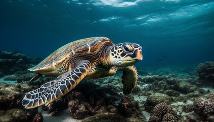 Naklejka na ściany i meble Underwater turtle swimming in tranquil blue sea, surrounded by coral generated by AI
