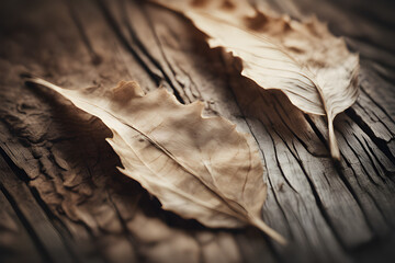 Dry Leaves on a Textured Gray Wooden Background with Ample Space for Graphic Design
