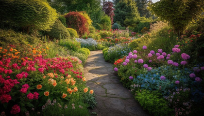 The vibrant colors of nature blossom in the formal garden generated by AI