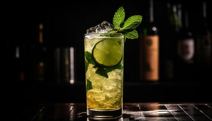 Refreshing mojito cocktail with lime, mint, and ice cubes generated by AI