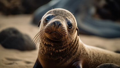 Fototapeta premium Cute seal pup resting on sandy arctic coastline, looking at camera generated by AI