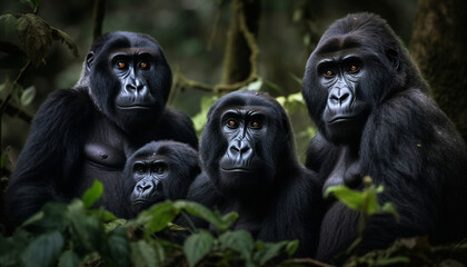 Fototapeta premium Endangered primate in African rainforest Western Lowland Gorilla staring fiercely generated by AI