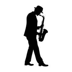 Man with saxophone silhouette, jazz musician, silhouette of saxophonist - obrazy, fototapety, plakaty