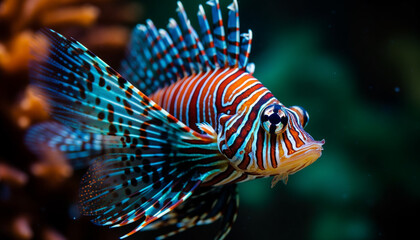 Vibrant striped lionfish swimming in beautiful underwater coral reef generated by AI
