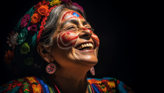 A joyful young woman with colorful face paint celebrates outdoors generated by AI