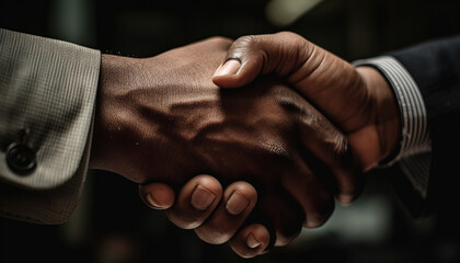 Businessmen shaking hands in close up, signifying successful cooperation agreement generated by AI
