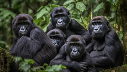 Obraz premium Primate portrait Endangered bonobo staring, sitting in lush green forest generated by AI
