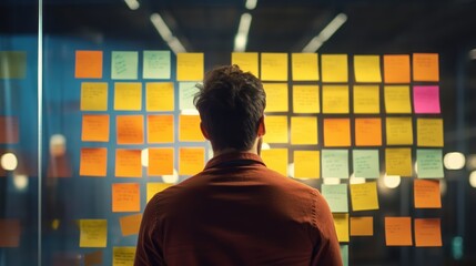 Businessman planning and strategy brainstorming working with post its on glass wall.