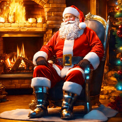 Santa Claus in armour sits near the fireplace in a beautiful interior in the spirit of Christmas