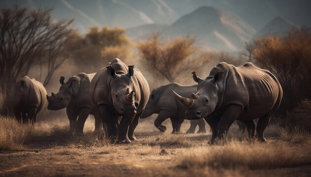 Large mammals grazing in the African wilderness, horned rhinoceros and elephants generated by AI