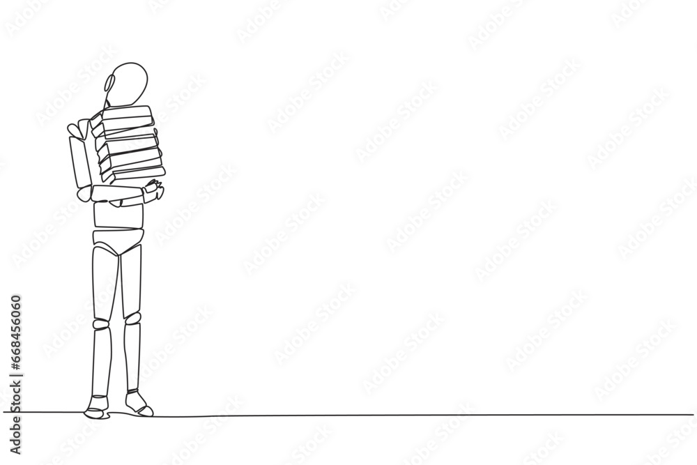 Poster single continuous line drawing robot standing hug some books. favorite book that finish reading. som
