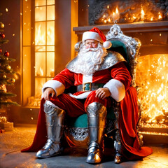 Santa Claus in armour sits near the fireplace in a beautiful interior in the spirit of Christmas