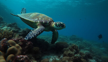 Green hawksbill turtle swims in tranquil coral reef below idyllic Pacific islands generated by AI
