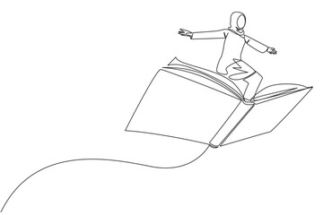 Single continuous line drawing Arabian woman standing on large flying open book. Like riding a cloud, able to fly as high as possible. Reading increase insight. One line design vector illustration