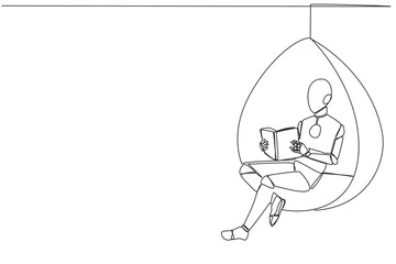 Continuous one line drawing robot sitting relax in hanging chair reading a book. Spending the weekend reading the favorite fiction story book. Love reading. Single line draw design vector illustration