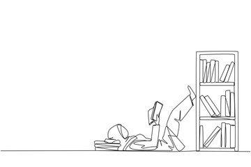Single one line drawing Arab woman lying on back reading fiction story book near bookcase. Read slowly to enjoy the storyline. Hobby reading. Good habit. Continuous line design graphic illustration