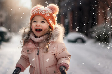 A highly detailed, full - body photograph of an adorable 4 - year - old girl playing in the snow,...