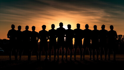 A silhouette army standing in back lit dusk, celebrating success generated by AI