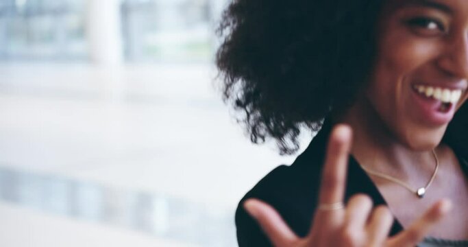 Business, walking and black woman with shaka hand, tablet and excited for success in office. Metal emoji, smile and rebel businesswoman with rocker gesture for winning, happiness and devil horns.