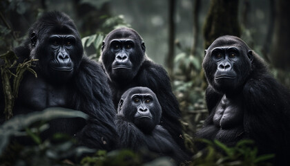 Obraz premium Lowland gorilla group staring, focused on camera in African wilderness generated by AI
