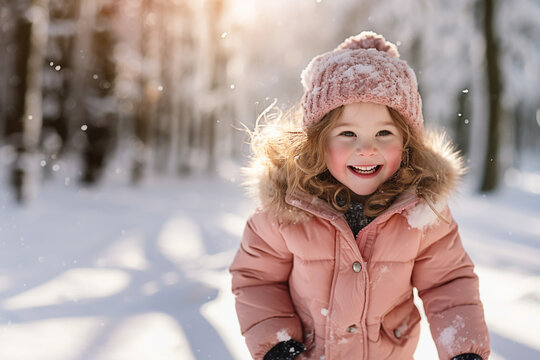 A highly detailed, full - body photograph of an adorable 4 - year - old girl playing in the snow, wearing a cute outfit.