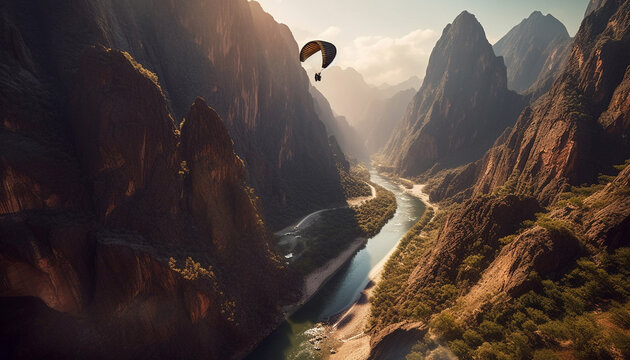 Men flying high up in mid air, paragliding over mountain landscape generated by AI