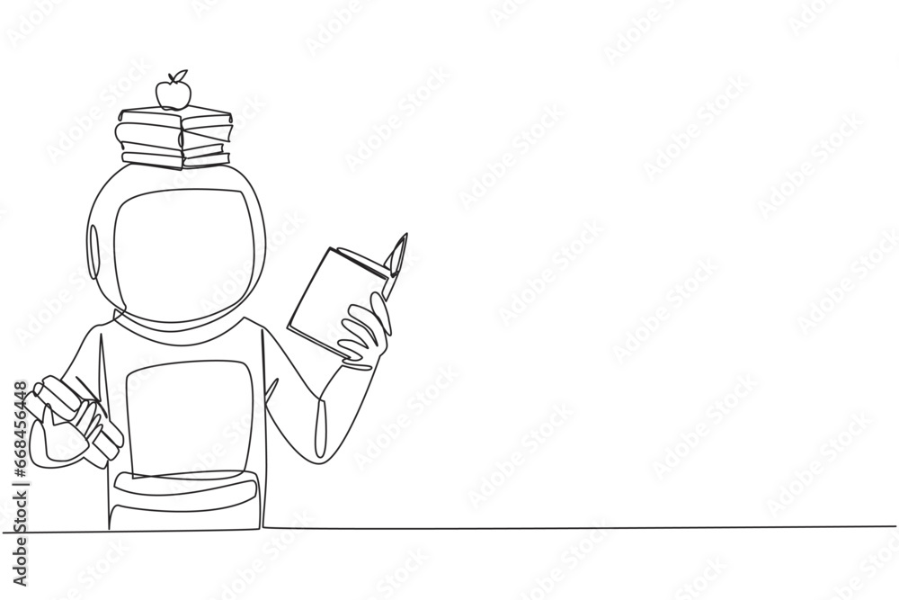 Poster single one line drawing astronaut reading book practicing balance. stack books on top of head along 
