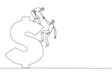 Single continuous line drawing businessman helps colleague climb the big dollar symbol. Desire to develop business together. Super great teamwork. Cohesiveness. One line design vector illustration