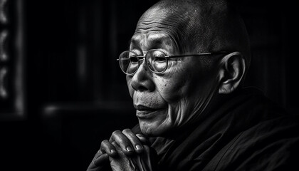 Serene senior man with eyeglasses, aging gracefully, praying for wisdom generated by AI