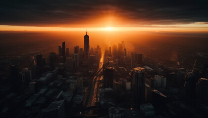 Modern city skyline illuminated by sunset, high angle aerial view generated by AI