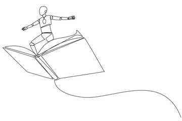 Single one line drawing smart robotic standing on large flying open book. Like riding a cloud, able to fly as high as possible. Reading increase insight. Continuous line design graphic illustration