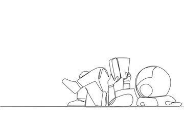 Single one line drawing astronaut lying on back reading book. Reading favorite comic. Big fan of fiction books. Enjoy storyline. Reading increase insight. Continuous line design graphic illustration