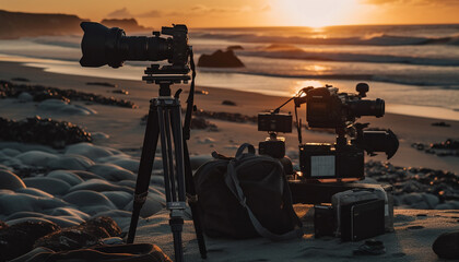 Photographer captures stunning sunset landscape with SLR camera and tripod generated by AI - obrazy, fototapety, plakaty
