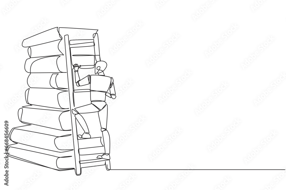 Poster single one line drawing smart robot climbs a large stack of books with a ladder. world window book m