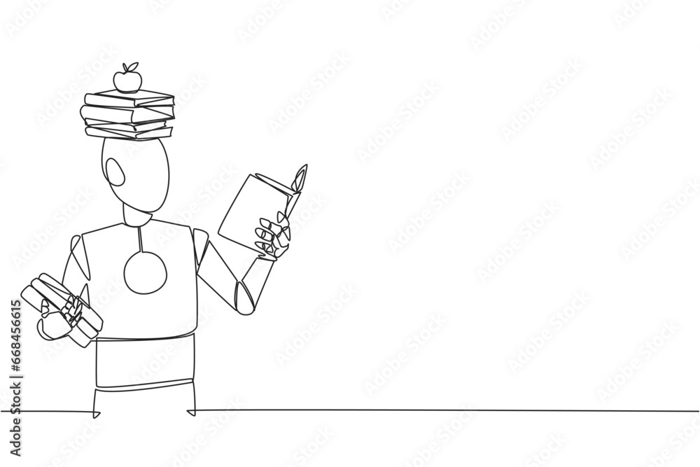 Poster continuous one line drawing robot reading book practicing balance. stack books on top of head along 
