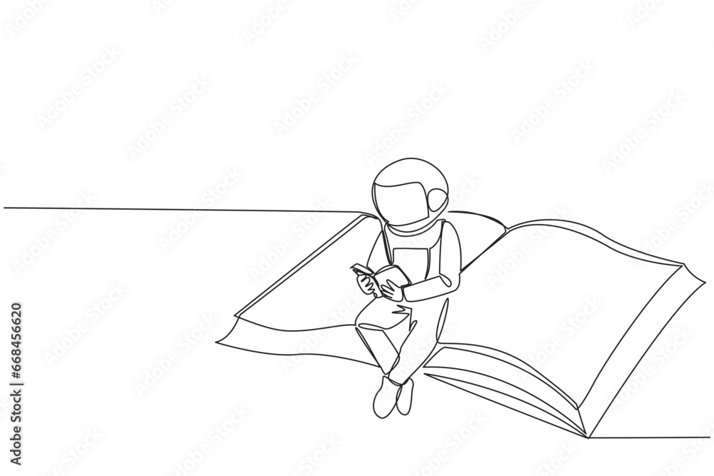 Poster single continuous line drawing astronaut sitting reading on a large flying book. relax reading like 