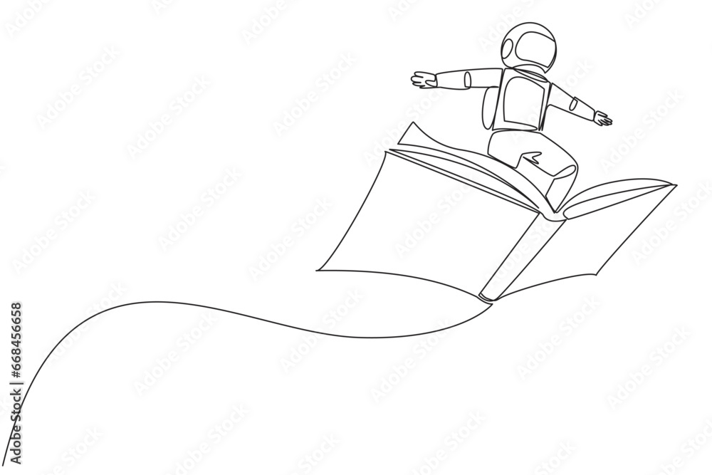Poster continuous one line drawing astronaut standing on large flying open book. like riding a cloud, able 