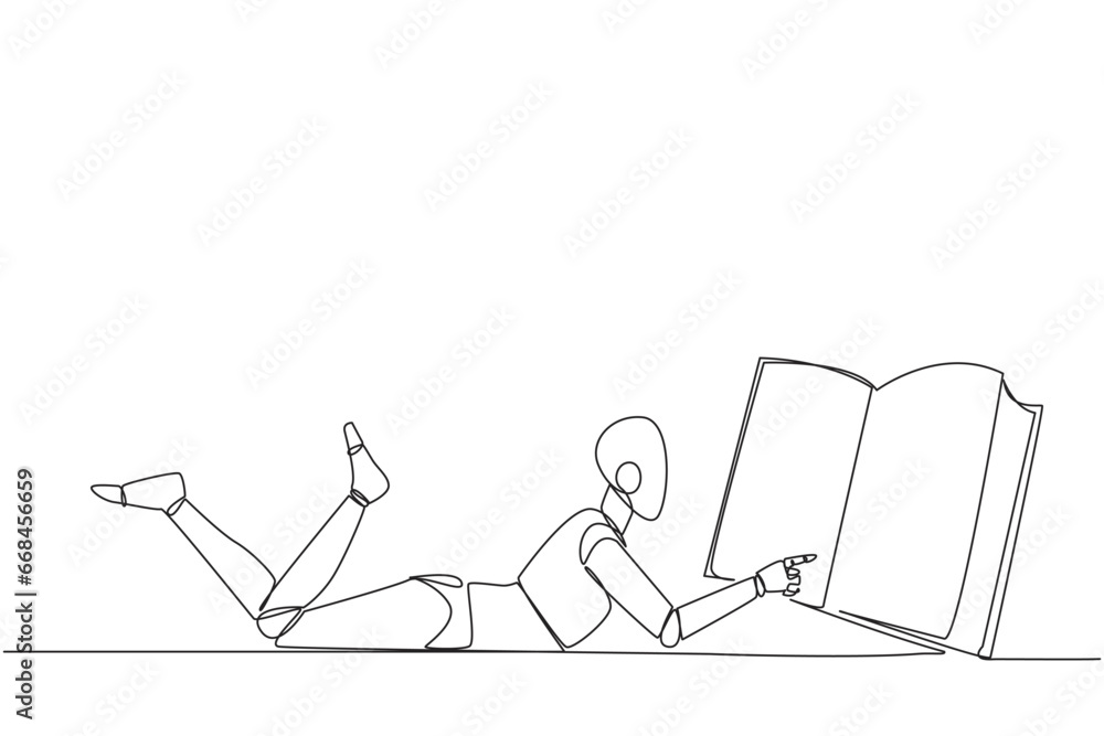 Poster single continuous line drawing smart robot lying on stomach reading big book. enjoy reading books in