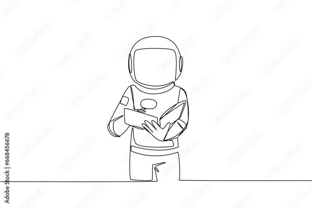 Poster single continuous line drawing astronaut reading book while holding a magnifier. small letters that 
