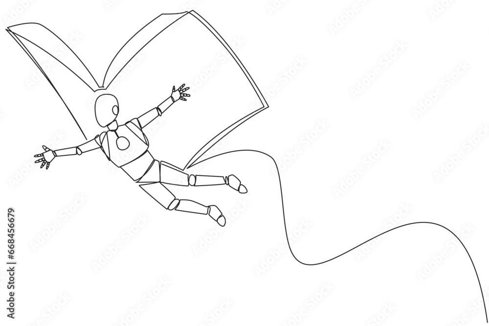 Aufkleber single one line drawing smart robot flying with wings that come from open big book. the metaphor car