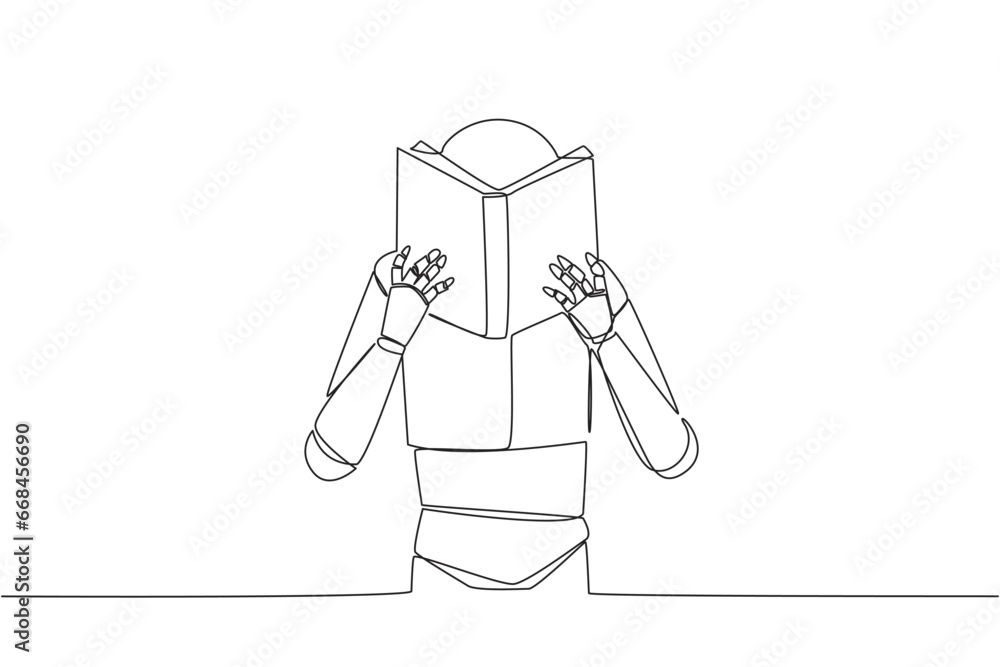 Poster continuous one line drawing robot seriously reading book until cover the face. nervous when facing t