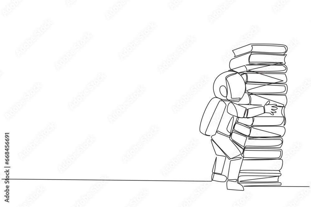 Aufkleber single one line drawing young astronaut hugging very high pile of books. hobby to collecting and rea